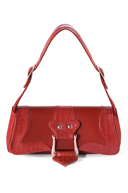 Scarlet red women's dress handbag, matching pumps and belts. Top view - Florence KOOIJMAN